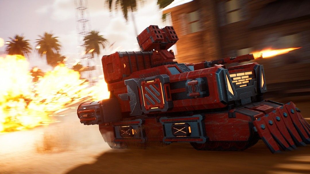 巨大机械怪物在废墟中咆哮,玩家驾驶拼装战车与其激烈交火,爆炸火花四溅