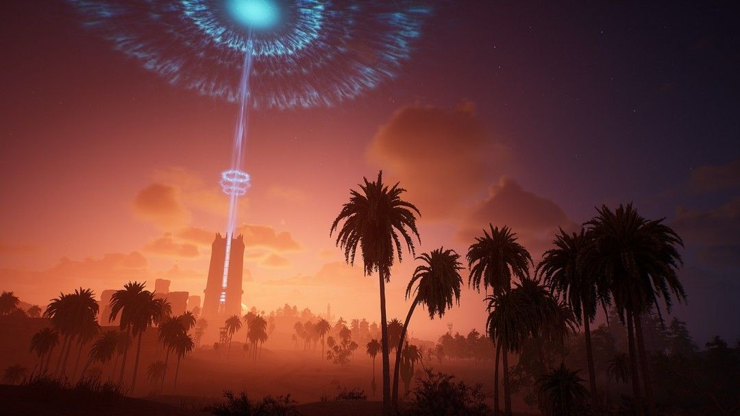 玩家小队围攻一座矗立于峡谷中的黑色尖碑建筑,空中有飞行单位支援