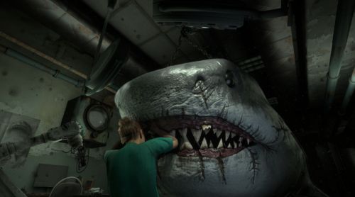 玩家手持牙钻正在清理鲨鱼腐烂牙齿,血迹斑斑的手术灯照亮整个口腔内部