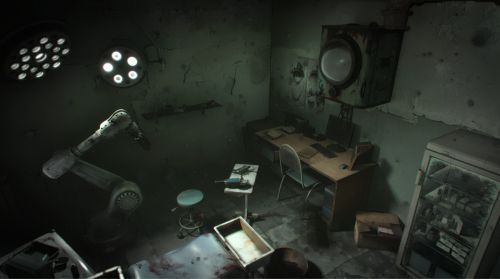 昏暗诊室内,一排锈迹斑斑的牙科工具整齐摆放,背景隐约可见鲨鱼尾巴摆动