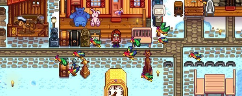 《星露谷物语》复活节活动现场，玩家在鹈鹕镇广场草丛中寻找彩色鸡蛋，周围村民欢笑围观，节日氛围浓厚