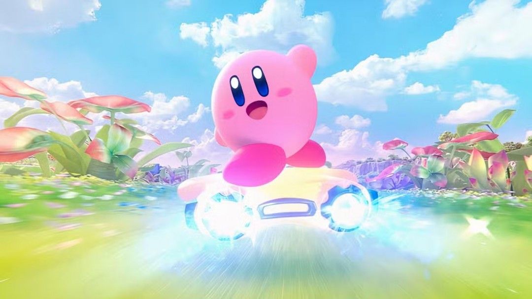 多位卡比角色驾驶不同飞行器在空中赛道竞速,背景为绚丽的浮空城市