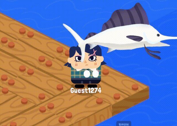 玩家成功钓起一条巨大的发光鱼，周围NPC围过来惊叹鼓掌，庆祝时刻氛围热烈