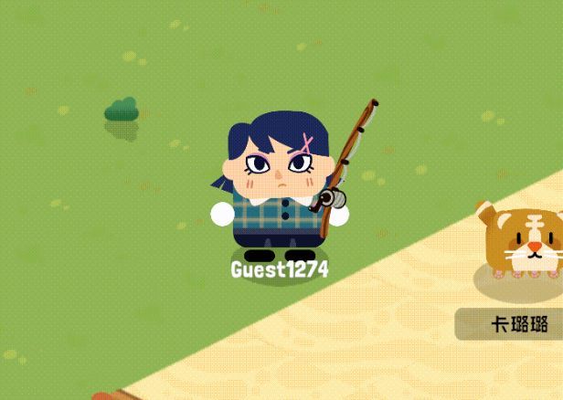 多个卡通角色与猫咪在篝火旁聚会，有人弹吉他，有人烤鱼，气氛温馨欢乐