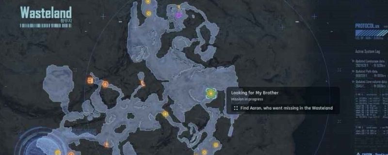 《剑星》游戏中废土东部高地场景,远处可见废品场与崎岖山路,任务标记点清晰显示在地图上