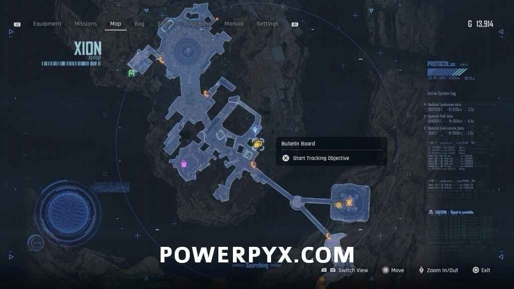 废土东部高地上的告示板,背景为荒凉的工业废墟,角色正站在告示板前准备交付任务