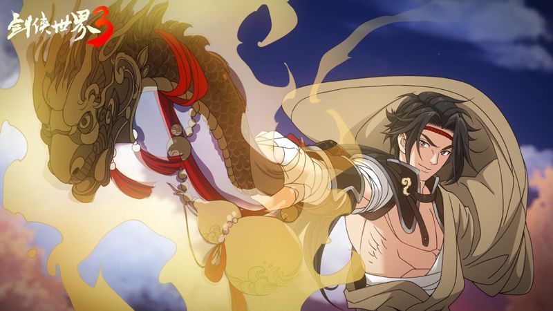 两名丐帮弟子分别演练伏虎拳式与降龙棍法,动作刚劲有力,周围尘土飞扬,充满力量感