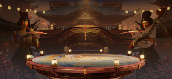 惊鸿舞榭全景图，红叶纷飞，舞台上留有一袭舞裙残影