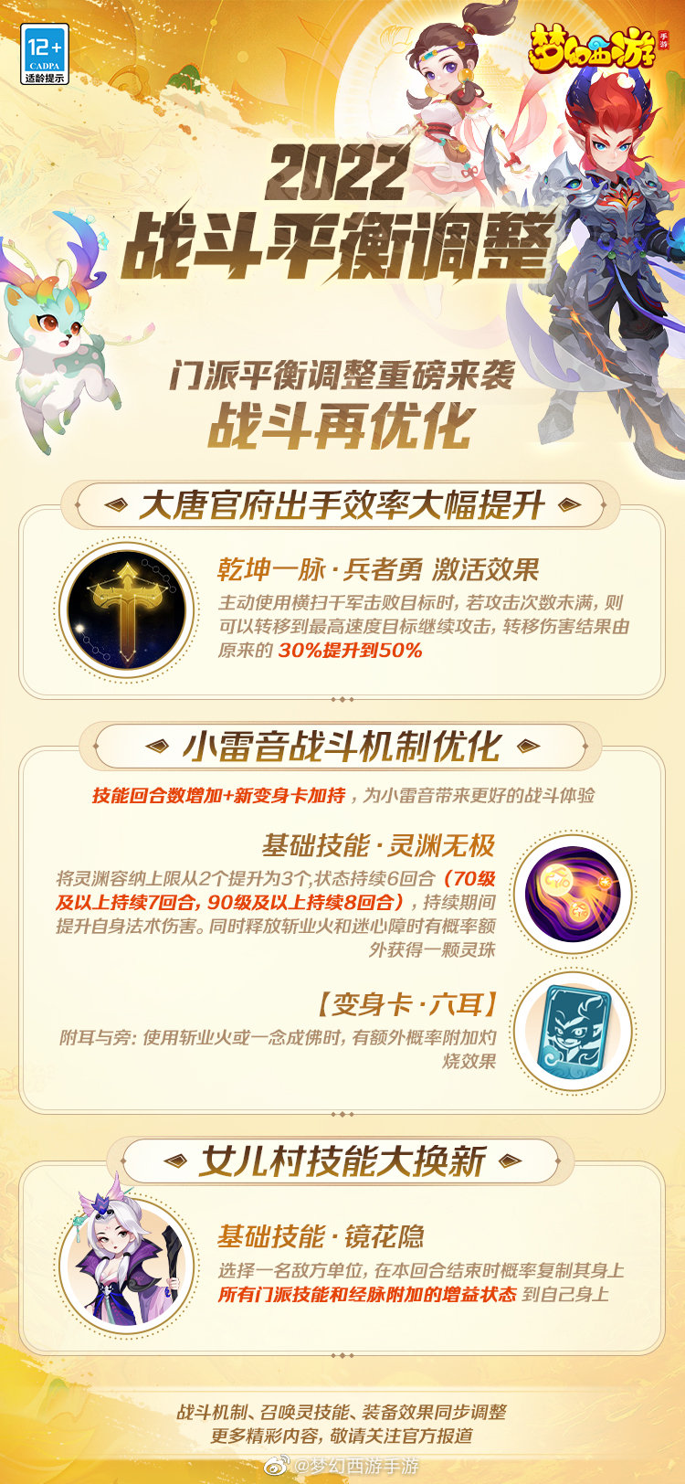 游戏内门派角色展示界面,大唐官府持枪冲锋,小雷音法阵闪烁,女儿村隐身施法