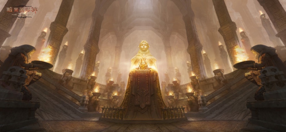 《暗黑破坏神：不朽》游戏主界面场景，展现阴暗诡谲的哥特风格建筑与角色持武器站立的画面