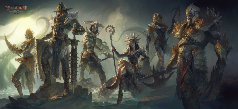 一名战士职业角色身穿‘无底深渊’时装，全身覆盖华丽铠甲，肩部有类似深海生物触须的装饰