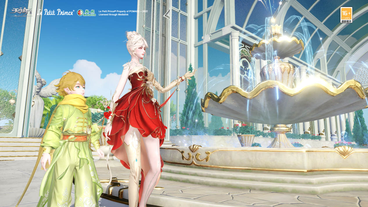 小王子与玩家角色在沙丘相遇的温馨场景，金色短发少年站在夕阳下，背景是漂浮的奇异星球和破碎的飞行器残骸