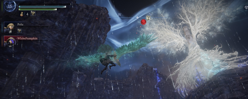 《艾尔登法环：黑夜君临》中追踪者角色战斗画面，身穿暗色铠甲手持双大剑进行跳劈攻击，地面裂痕四起，特效震撼