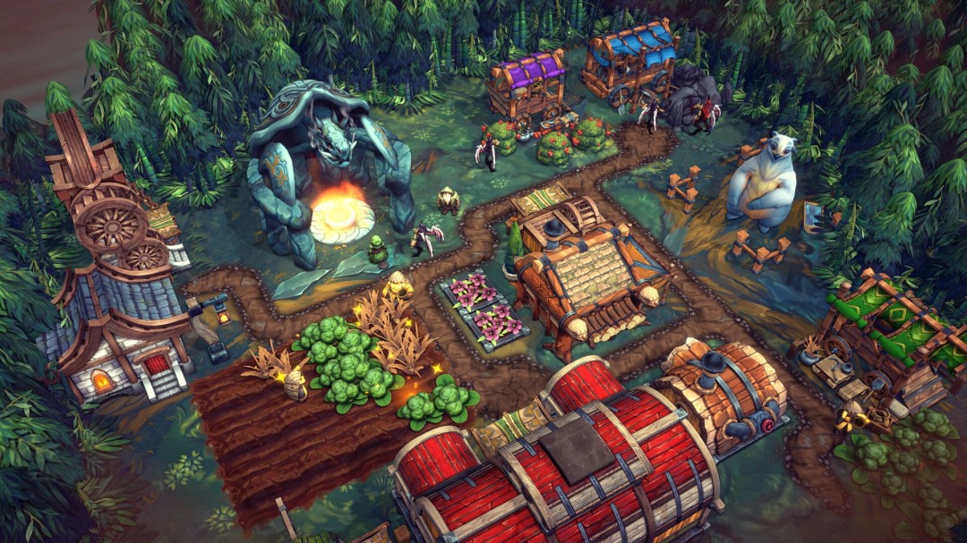 游戏内新地图场景展示：左侧为乱石峡谷中石质树木与采矿工人，右侧为竹林平原中高大的绒喙鸟站在雨中，周围是绿色竹屋与农田