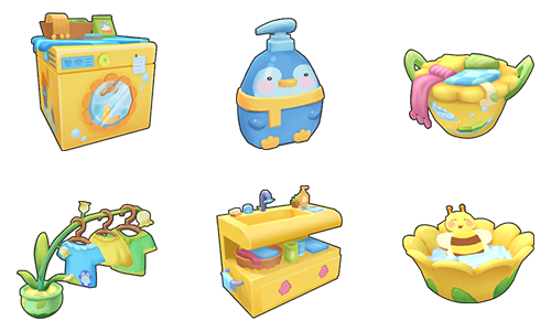 洗衣组合家具实装效果图,白色滚筒洗衣机带有蓝色花纹,旁边配有可交互的晾衣绳与飘动的小衣物模型