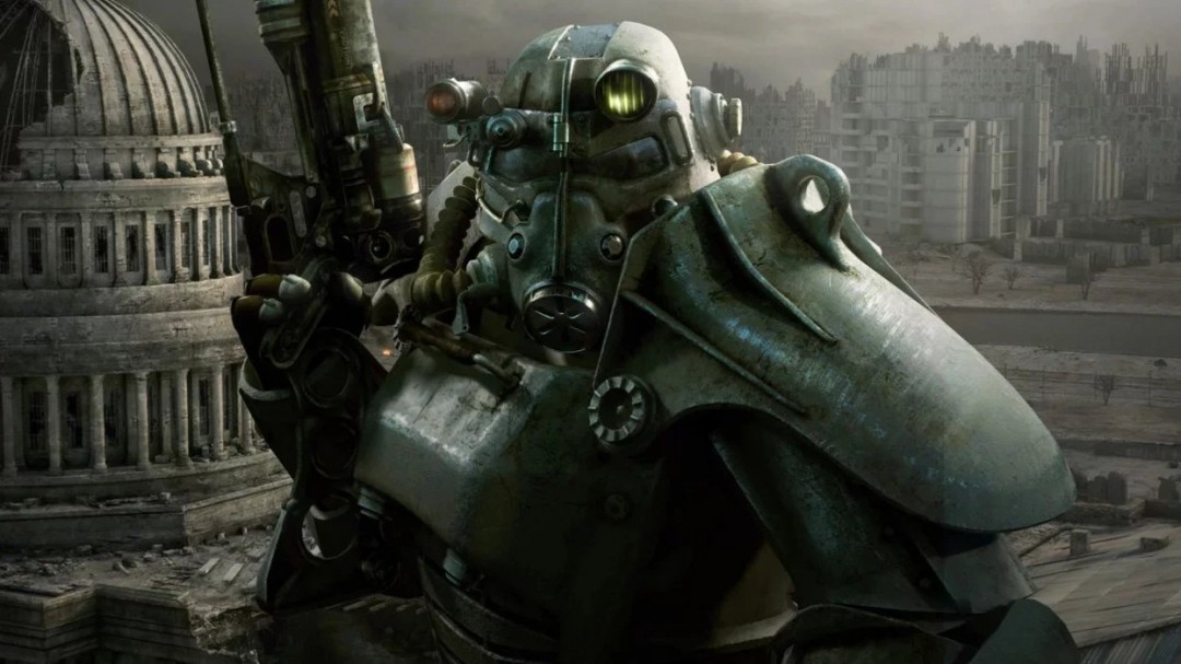 维塔士工作室标志与《辐射》系列风格融合的概念图,背景为废土城市轮廓和齿轮机械元素