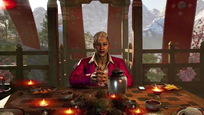 《孤岛惊魂》系列游戏中玩家引发混乱战斗的艺术概念图，火焰与野生动物交织