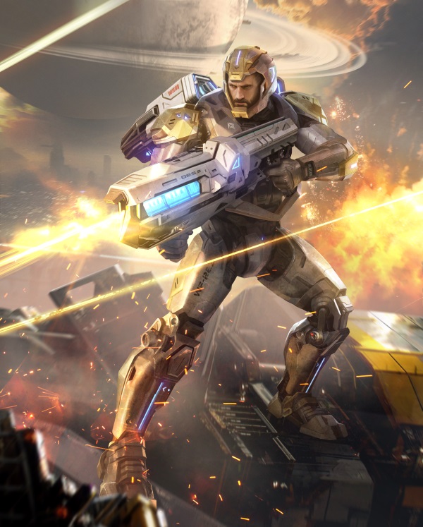 米迦勒身披银灰色重型机甲，眼神锐利，周身环绕能量光效，展现强大气场