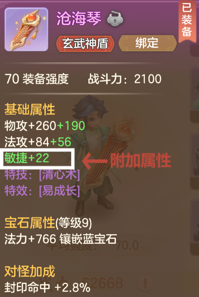 装备属性面板截图，详细列出六类属性及其数值表现