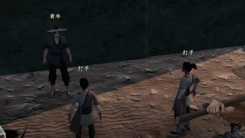 主角手持长剑站在倒地的敌人中间,背景为破旧驿站,天空阴云密布