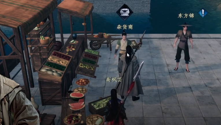 主角在集市人群中追逐一名蒙面小贼,手中紧握半块玉佩