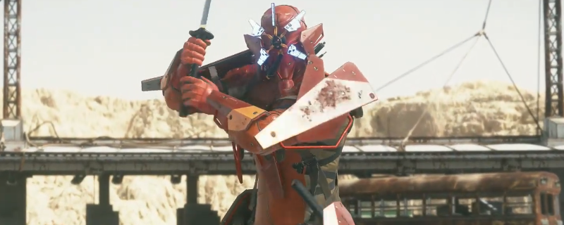 《死亡搁浅2》中出现的钢铁盔甲武士CG画面，全身覆盖高科技金属装甲，站立于废墟之中，背景雷电交加，充满未来感与压迫感