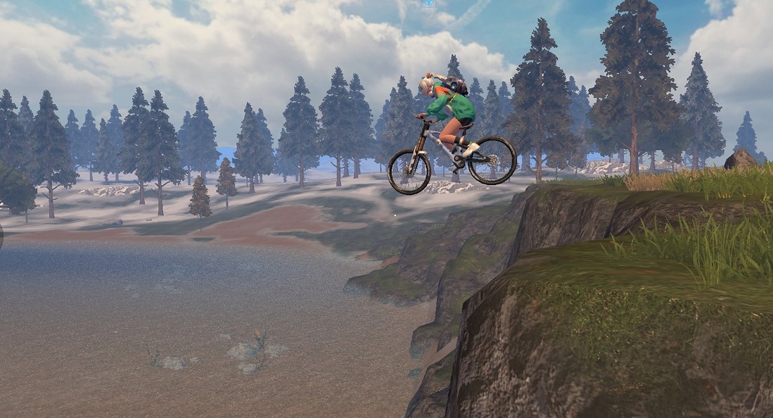 玩家在游戏中驾驶山地自行车飞跃断桥,背景为废墟城市,动作流畅动感十足