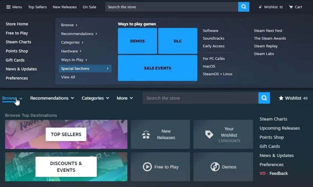 Steam底部快捷栏新增积分商城和礼品卡图标，界面更加整洁统一