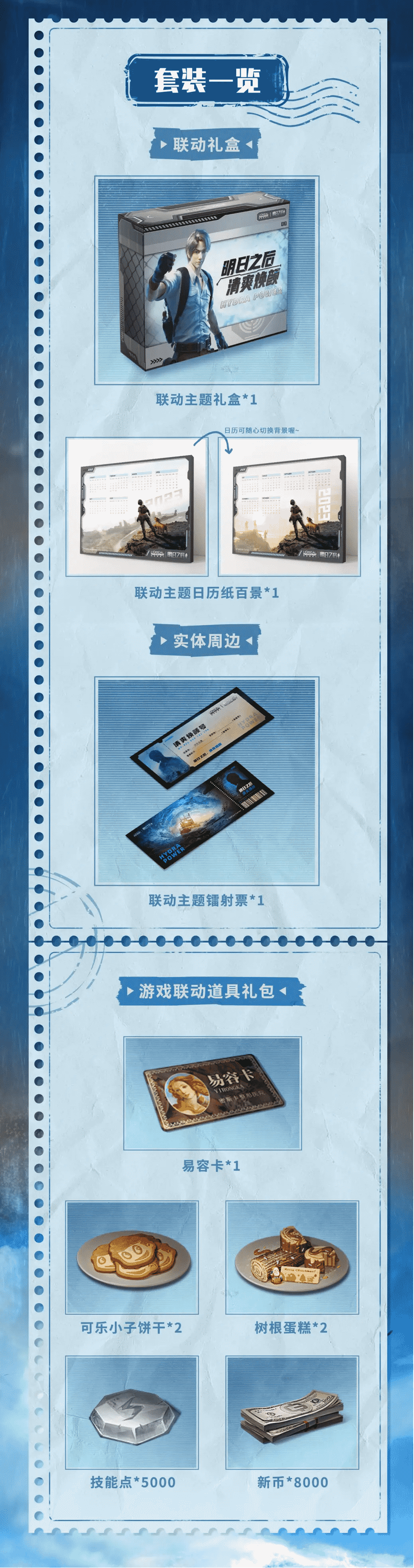 联动礼盒开箱实景图：逐层展开展示日历纸、金属质感摆件、护肤套装及游戏兑换卡，背景为《明日之后》游戏内营地场景截图