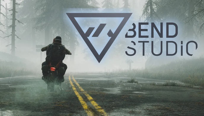 Bend Studio办公环境实景图，现代工业风开放式工位，墙上悬挂《往日不再》主题艺术海报与‘Riders of the Apocalypse’标语横幅