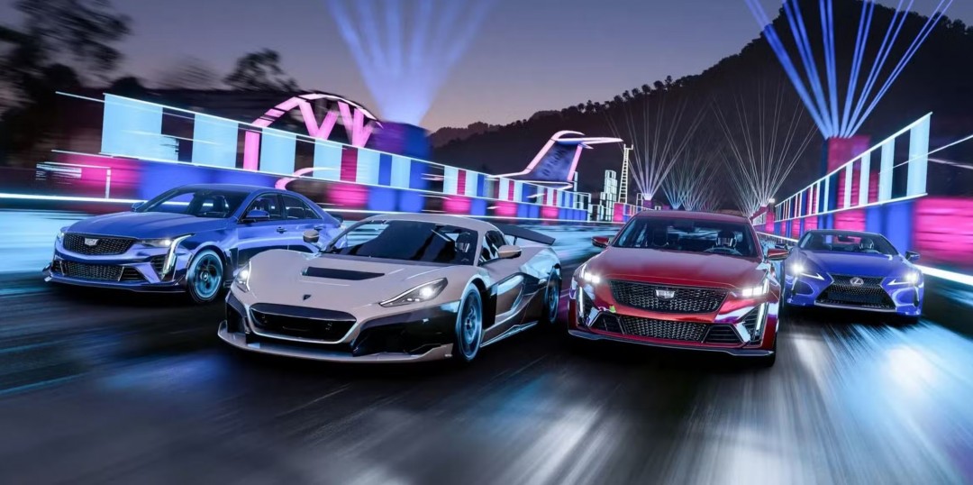 《极限竞速：地平线5》PS5版实机画面：阳光洒落的墨西哥火山公路，多辆高性能跑车并驾齐驱，尾迹与扬尘交织，画面光影细腻、动态模糊流畅