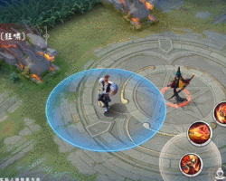 酒吞童子一技能「鬼拳」释放GIF：拳风裹挟蓝色声波涟漪向前突进，命中目标瞬间炸开环形音爆特效，地面浮现短暂共振波纹