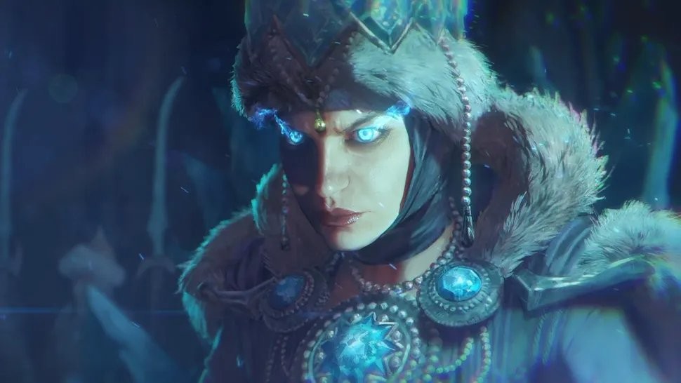 《全面战争3：战锤》官方概念图：阴云密布的混沌荒原上，蛇形传奇领主迪莎拉手持双刃傲然矗立，身后是涌动的暗紫色灾厄浪潮与扭曲的色孽符文