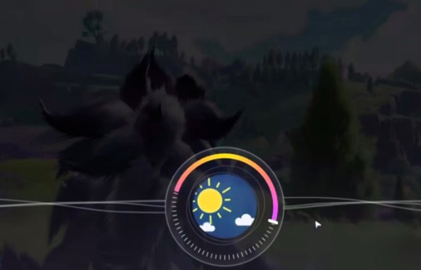 特写镜头：一只‘小雪花’闪光宠蹲坐在雪地中央，头顶悬浮缓缓旋转的冰晶六芒星徽记，左上角UI清晰显示旋转中的青蓝双色虹识图标