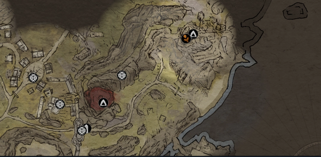 地图局部特写：‘野兽巢穴’洞穴外地面标记清晰，红圈精准圈出主角与卡拉多克即将对话的位置，周围散落破碎陶器与一面卷曲的灰黑色旗帜