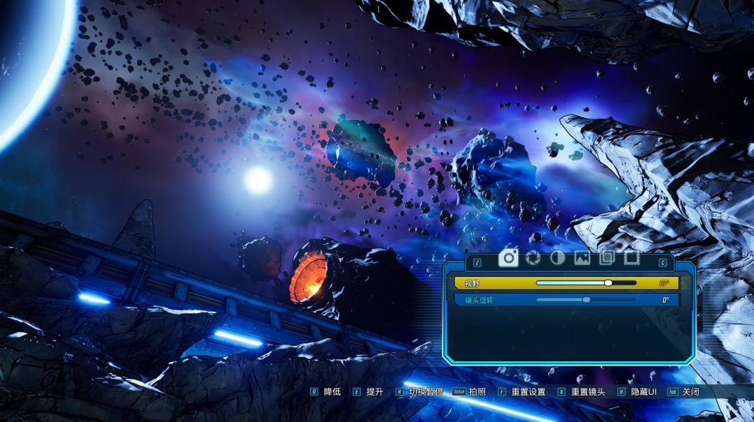 《无主之地3》照片模式界面特写：左侧为实时预览窗，右侧悬浮着姿态调节滑块、景深模糊旋钮、胶片颗粒强度条及12种动态滤镜色盘