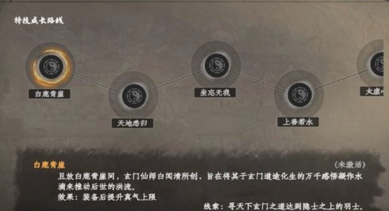 羽士成长地图脉络图：从云鹤村出发，箭头延伸至清玉门（云雾缭绕的玉石山门）、太初剑宗（悬浮于云海之上的青铜巨殿），各节点标注对应羽士境界与可交互NPC剪影