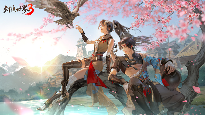 丐帮角色实机展示图：男性角色挥棍横扫，地面迸发金色气浪；女性角色腾空旋踢，身后浮现若隐若现的巨龙虚影，特效华丽而富有力量感