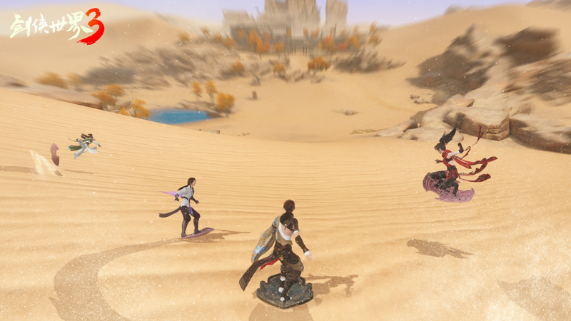 滑行玩法演示动图：角色沿沙坡高速俯冲，板底溅起扇形沙浪，途中精准擦过三名小怪将其击飞，最后腾空翻转稳稳停驻于绿洲木桥之上
