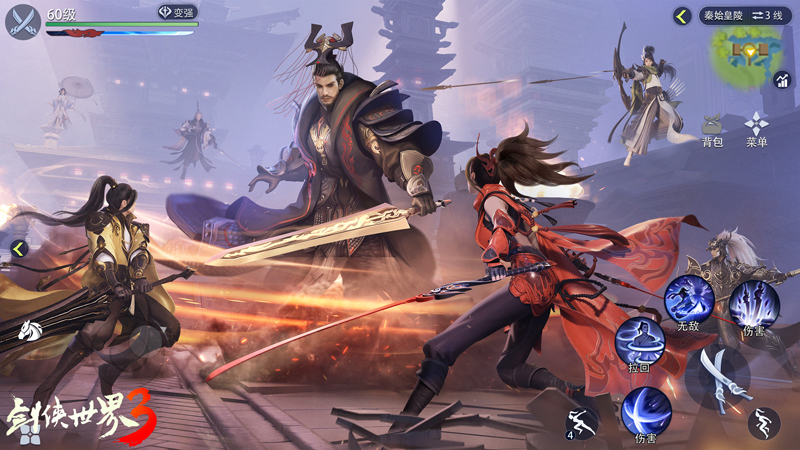 衡道书·太阿团本BOSS战场景：中央巨型青铜鼎喷发赤色光柱，楚有琴悬浮半空拨动七弦琴，琴弦震动引发四周空间如水波般扭曲变形