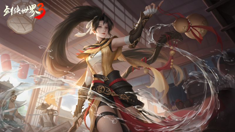 丐世豪侠盛典宣传图：热闹非凡的虚拟龙门城广场，中央搭建巨型擂台，背景LED屏滚动播放明星玩家剪辑，NPC与玩家共同举杯畅饮，烟火升空绽放‘丐世豪侠’四字