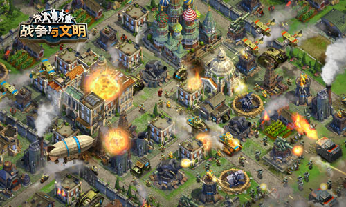 游戏内空降补给动画截图：一架复古风格运输机掠过城市上空，金色补给箱正缓缓降落，下方UI弹出‘点击领取’浮动提示