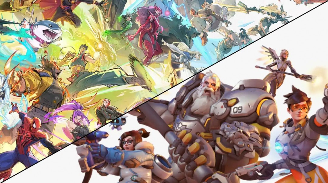 《守望先锋2》与《漫威争锋》双游戏LOGO并置对比图,左侧是蓝紫色调的‘Overwatch 2’动态徽标,右侧为红金配色、充满动感粒子特效的‘Marvel Rivals’标志,背景隐约可见两队英雄剪影对峙