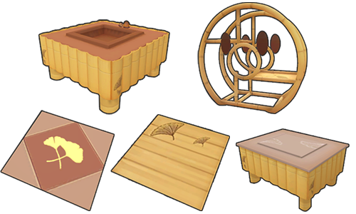 银杏知秋系列家具展示图:暖黄色调的枫叶地毯、木质秋千椅、藤编落地灯与窗台银杏盆栽整齐摆放于庄园客厅,光影柔和,细节精致