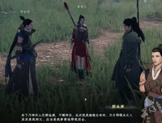 雪河夫人立于梅林雪径中央，素衣执剑，剑尖轻垂，周身飘落细雪，玩家角色持剑对峙，背景光影明暗交错，氛围张力十足