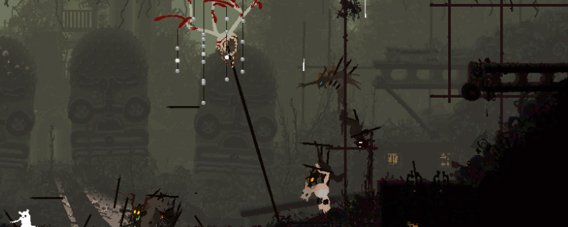 《雨世界》游戏内阴郁灰蓝色调的废墟场景，主角小蛞蝓蜷缩在锈蚀管道下，头顶乌云密布，细雨如丝飘落