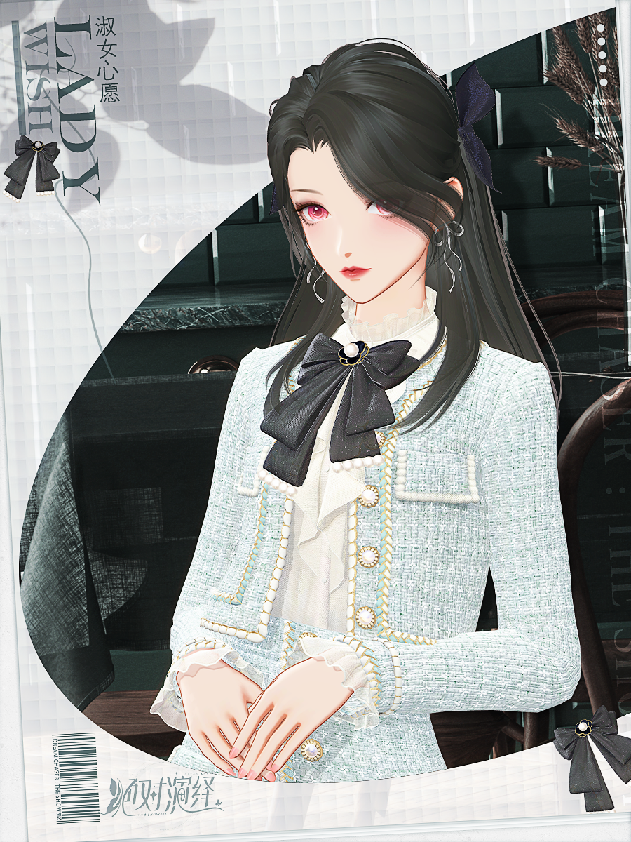 角色正面特写:法式刘海+蝴蝶结发饰+蝴蝶领结衬衫,三重蝴蝶元素构成统一视觉主题