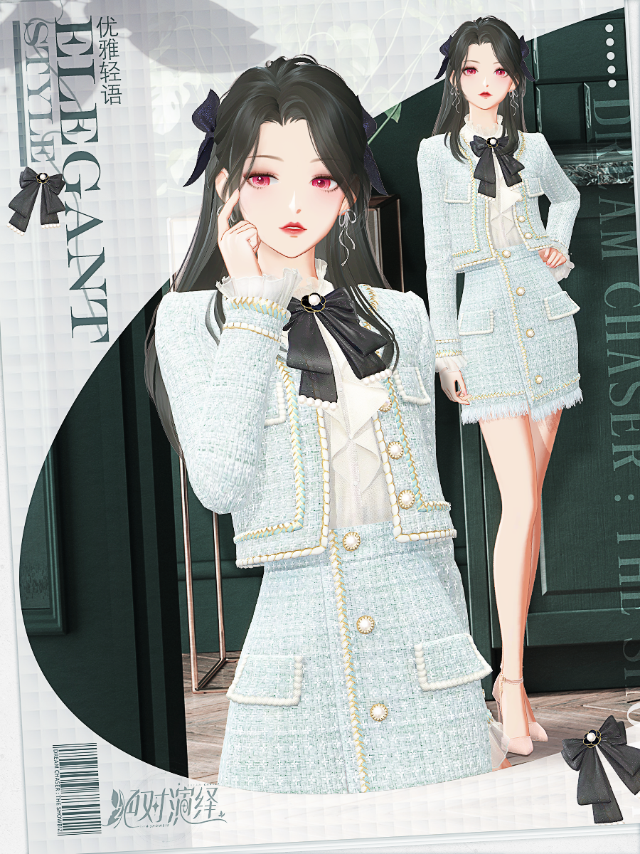 角色街拍风格动态图:女主穿着「优雅轻语」漫步梧桐街道,阳光洒在粗花呢外套上呈现细腻纹理