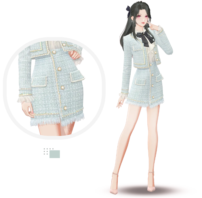 多角度展示图:角色转身时外套下摆微扬,粗花呢纹理与裙摆褶皱同步流动,展现物理引擎优化成果