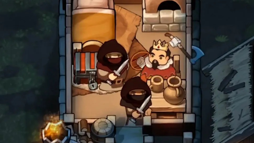 《诺兰德》游戏界面截图：一座石砌城墙环绕的中世纪聚居地俯视图，中心为高耸的领主大厅，外围错落分布住宅、广场与作坊，阳光洒在鹅卵石街道上，整体氛围厚重而生机勃勃